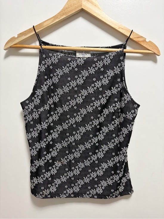 Via 101 Tops - Y2K Whimsigoth Black Floral Square Neck Tank by Via101 Women’s Size Large